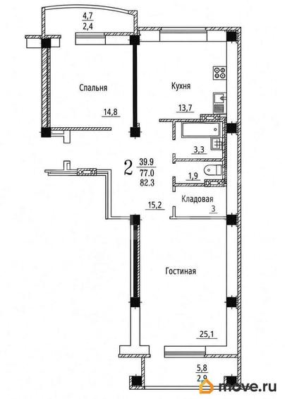 2-комн. квартира, 82.3 м&sup2;