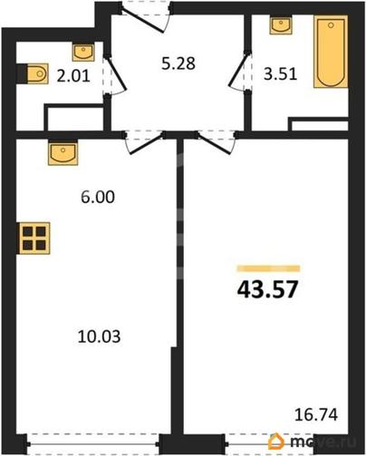 1-комн. квартира, 43.57 м&sup2;