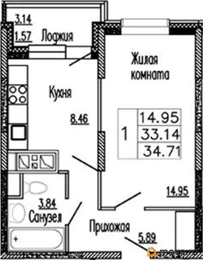 1-комн. квартира, 34.71 м&sup2;
