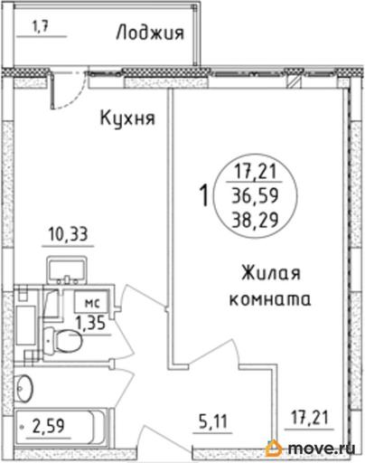 1-комн. квартира, 38.29 м&sup2;