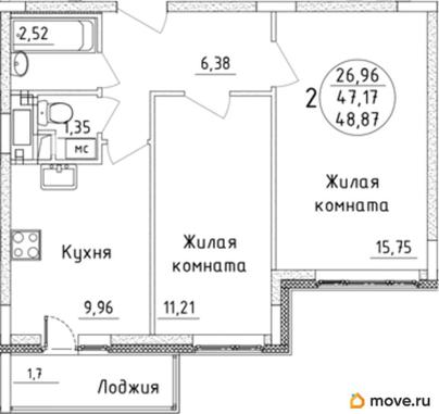 2-комн. квартира, 48.87 м&sup2;