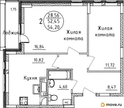 2-комн. квартира, 54.2 м&sup2;