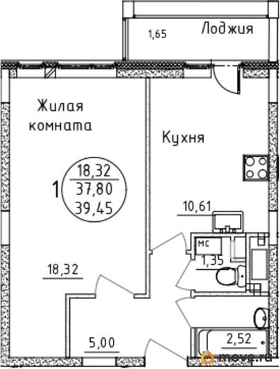 1-комн. квартира, 39.45 м&sup2;