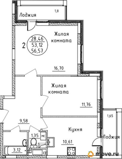 2-комн. квартира, 56.57 м&sup2;