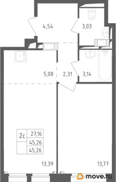1-комн. квартира, 45.26 м&sup2;