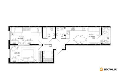 3-комн. квартира, 64.3 м&sup2;