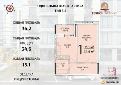 1-комн. квартира, 34.6 м&sup2;