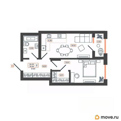 2-комн. квартира, 57.84 м&sup2;
