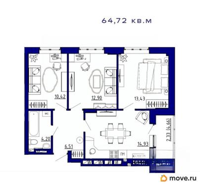 3-комн. квартира, 64.72 м&sup2;