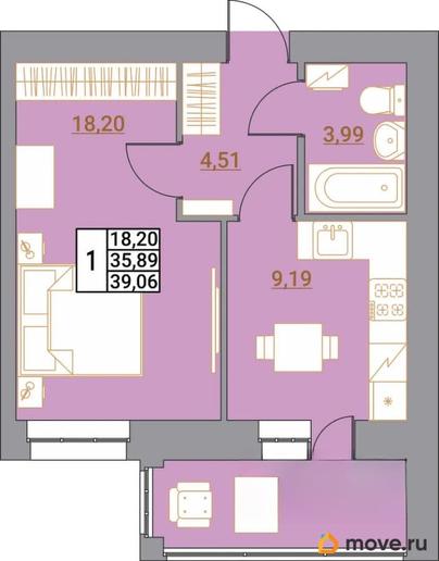 1-комн. квартира, 38.24 м&sup2;