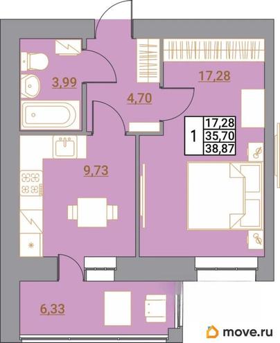 1-комн. квартира, 38.05 м&sup2;