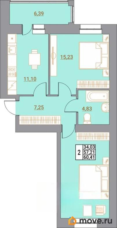 2-комн. квартира, 59.58 м&sup2;