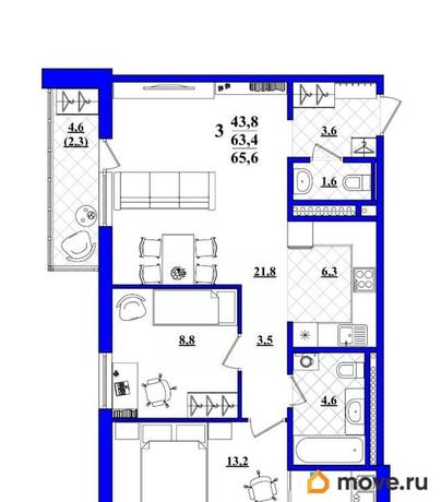 3-комн. квартира, 65.6 м&sup2;