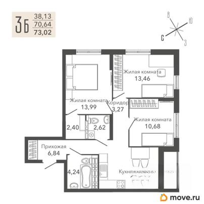 3-комн. квартира, 72.1 м&sup2;