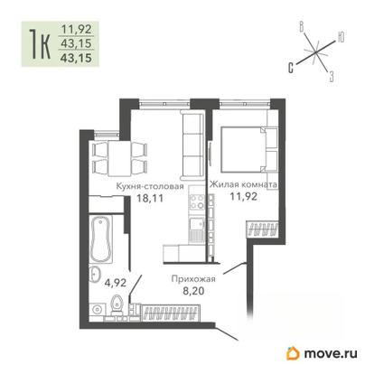 1-комн. квартира, 42.6 м&sup2;