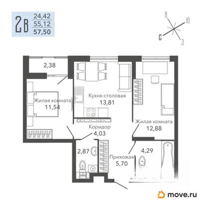2-комн. квартира, 57.3 м&sup2;