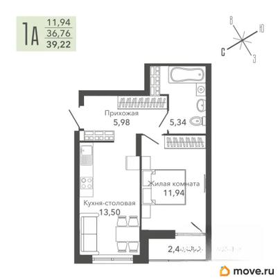 1-комн. квартира, 38.4 м&sup2;