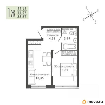 1-комн. квартира, 33.8 м&sup2;