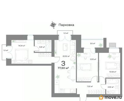 3-комн. квартира, 77.5 м&sup2;