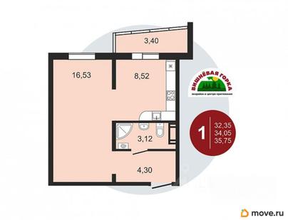 1-комн. квартира, 35.3 м&sup2;