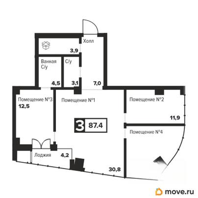 3-комн. апартаменты, 87.4 м&sup2;