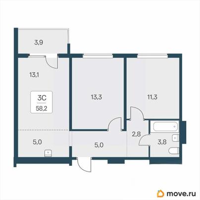 2-комн. квартира, 58.2 м&sup2;
