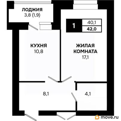 1-комн. квартира, 42 м&sup2;
