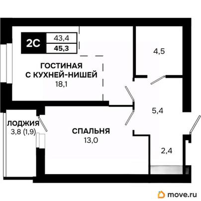 2-комн. квартира, 45.3 м&sup2;