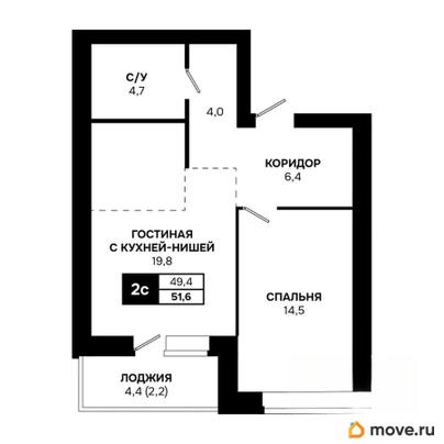 2-комн. квартира, 51.6 м&sup2;