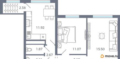 2-комн. квартира, 52.19 м&sup2;