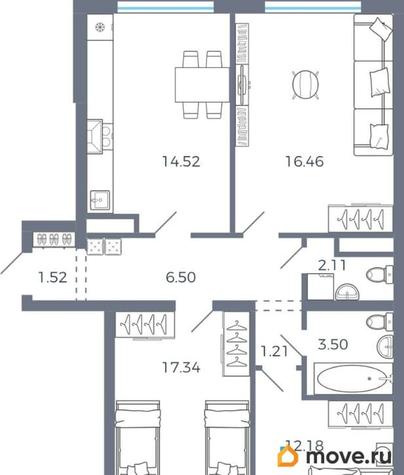 3-комн. квартира, 75.34 м&sup2;