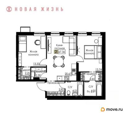 2-комн. квартира, 67.4 м&sup2;