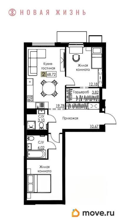 2-комн. квартира, 68.7 м&sup2;