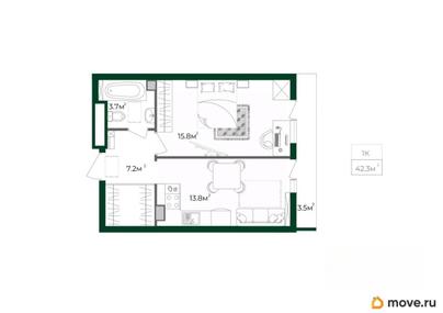 1-комн. квартира, 42.3 м&sup2;