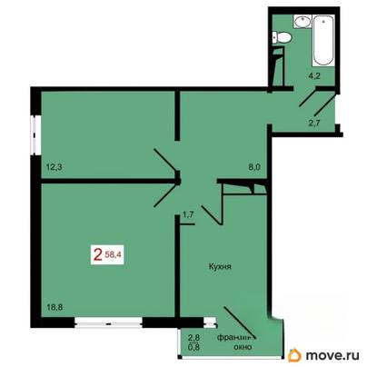2-комн. квартира, 58.4 м&sup2;