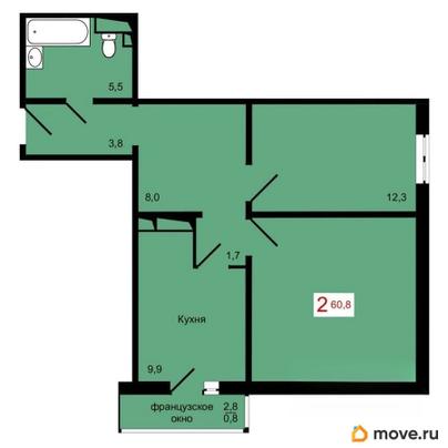 2-комн. квартира, 60.8 м&sup2;
