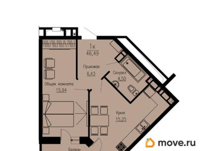 1-комн. квартира, 46.49 м&sup2;