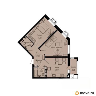 2-комн. квартира, 62.65 м&sup2;