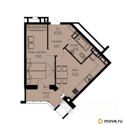 1-комн. квартира, 46.49 м&sup2;