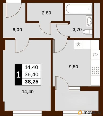 1-комн. квартира, 38.25 м&sup2;