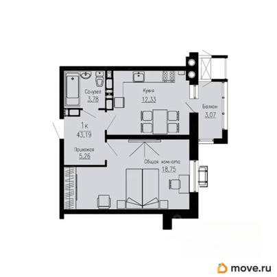 1-комн. квартира, 43.19 м&sup2;
