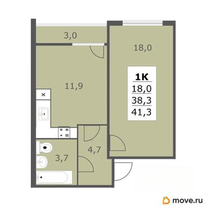 1-комн. квартира, 41.3 м&sup2;