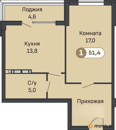 1-комн. квартира, 51.4 м&sup2;