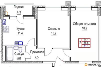 2-комн. квартира, 61.1 м&sup2;