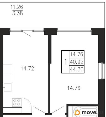 1-комн. квартира, 44.3 м&sup2;