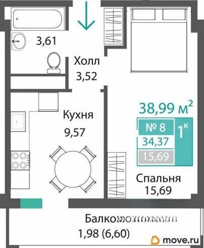 1-комн. квартира, 34.37 м&sup2;
