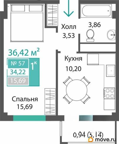 1-комн. квартира, 34.22 м&sup2;