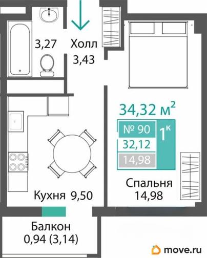 1-комн. квартира, 32.12 м&sup2;
