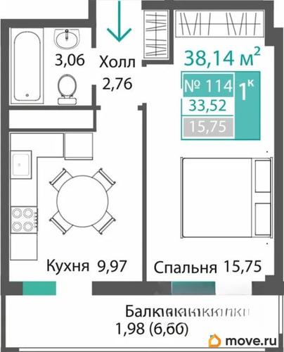 1-комн. квартира, 33.52 м&sup2;