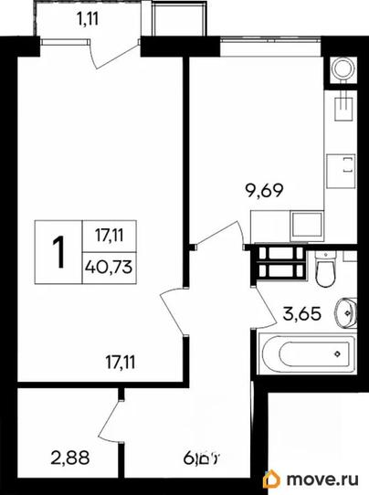 1-комн. квартира, 40.73 м&sup2;